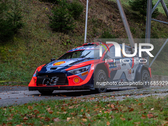 Andreas Mikkelsen and Torstein Eriksen from Norway drive a Hyundai i20 N Rally1 Hybrid for the Hyundai Shell Mobis World Rally Team during t...