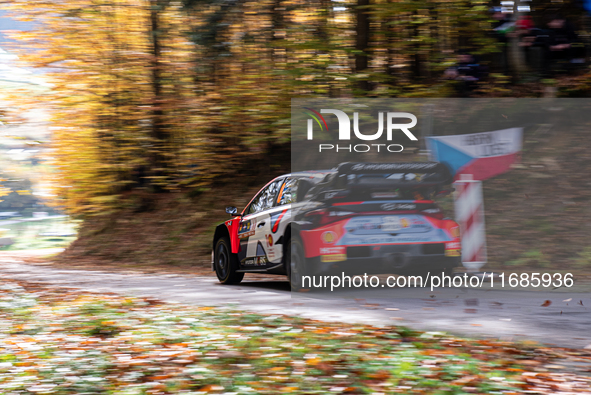 Ott Tanak and Martin Jarveoja from Estonia drive a Hyundai i20 N Rally1 Hybrid for the Hyundai Shell Mobis World Rally Team during the WRC C...