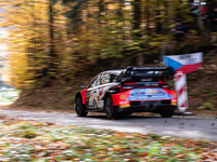 Ott Tanak and Martin Jarveoja from Estonia drive a Hyundai i20 N Rally1 Hybrid for the Hyundai Shell Mobis World Rally Team during the WRC C...