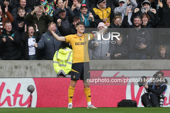 J?rgen Strand Larsen of Wolves celebrates after scoring his team's first goal during the Premier League match between Wolverhampton Wanderer...