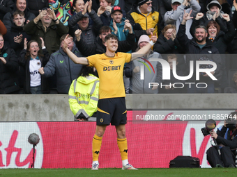 J?rgen Strand Larsen of Wolves celebrates after scoring his team's first goal during the Premier League match between Wolverhampton Wanderer...