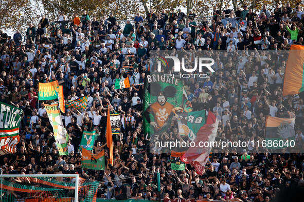 Venezia's supporters attend the Italian Serie A soccer championship match between Venezia FC and Atalanta BC at Pierluigi Penzo Stadium in V...