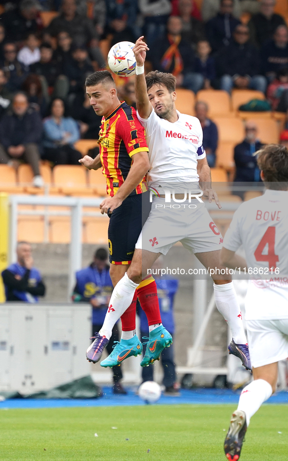 Nikola Krstovic of US Lecce is in action during the Serie A match between Lecce and Fiorentina in Lecce, Italy, on October 20, 2024. 