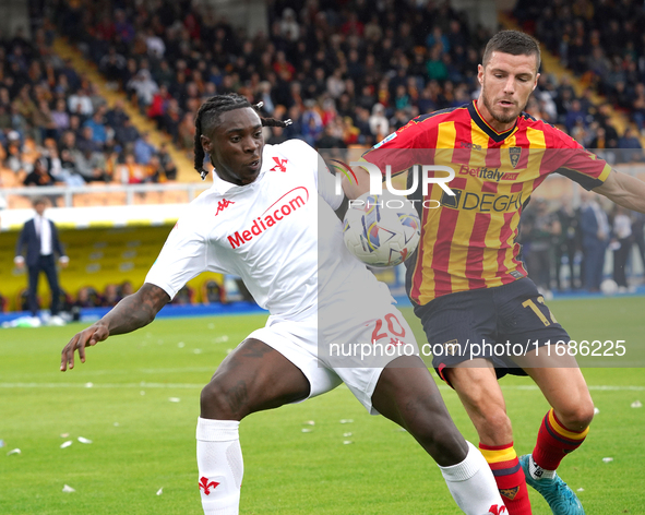 Moise Kean of ACF Fiorentina is in action during the Serie A match between Lecce and Fiorentina in Lecce, Italy, on October 20, 2024. 