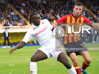 Moise Kean of ACF Fiorentina is in action during the Serie A match between Lecce and Fiorentina in Lecce, Italy, on October 20, 2024. (