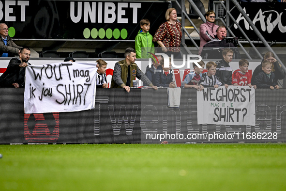 Fans of Heracles ask for AFC Ajax Amsterdam forward Wout Weghorst during the match between Heracles Almelo and Ajax at the Asito Stadium for...