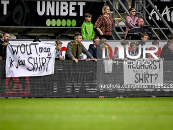 Fans of Heracles ask for AFC Ajax Amsterdam forward Wout Weghorst during the match between Heracles Almelo and Ajax at the Asito Stadium for...