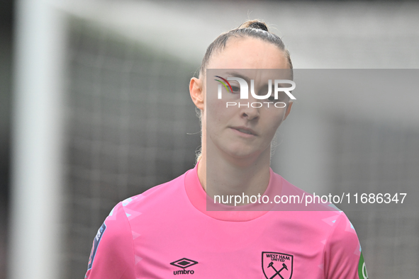 Goalkeeper Kinga Szemik (1 West Ham) participates in the Barclays FA Women's Super League match between West Ham United and Arsenal at the C...