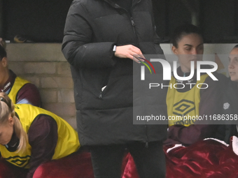 Manager Rehanne Skinner observes during the Barclays FA Women's Super League match between West Ham United and Arsenal at the Chigwell Const...