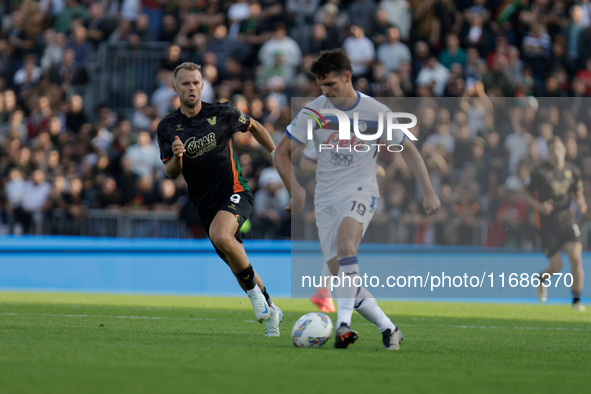 Atalanta's Berat Djimsiti plays against Venezia's Christian Gytkjaer during the Italian Serie A soccer championship match between Venezia FC...