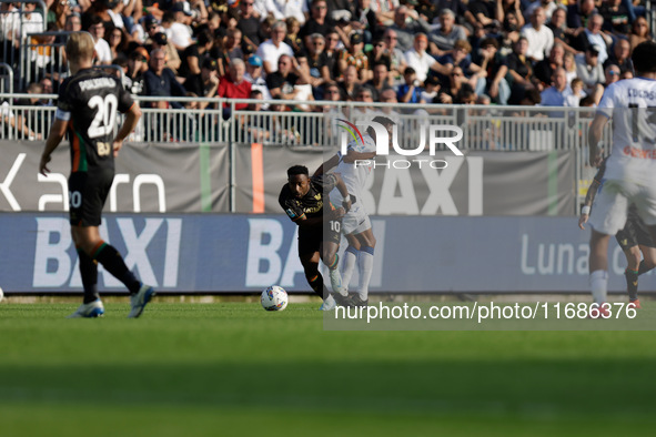 John Yeboah of Venezia plays against Juan Cuadrado of Atalanta during the Italian Serie A soccer championship match between Venezia FC and A...