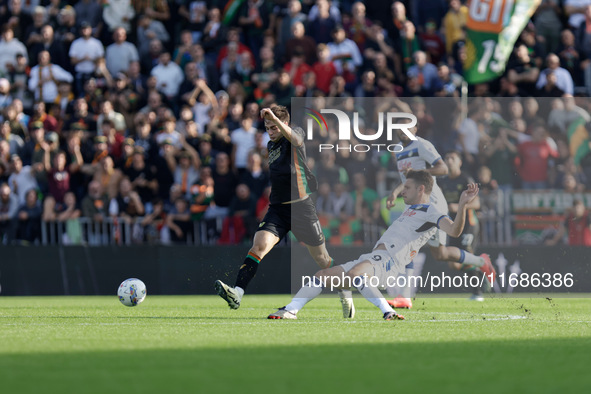 Gaetano Oristanio of Venezia plays against Berat Djimsiti of Atalanta during the Italian Serie A soccer championship match between Venezia F...