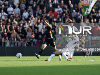 Gaetano Oristanio of Venezia plays against Berat Djimsiti of Atalanta during the Italian Serie A soccer championship match between Venezia F...