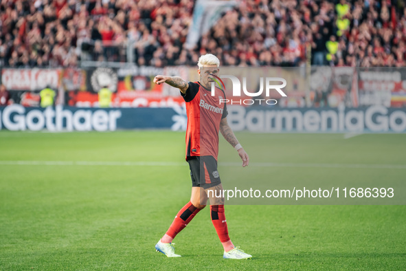 Robert Andrich of Bayer 04 Leverkusen reacts during the Bundesliga match between Bayer 04 Leverkusen and Eintracht Frankfurt at BayArena in...