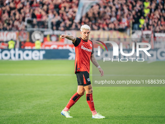 Robert Andrich of Bayer 04 Leverkusen reacts during the Bundesliga match between Bayer 04 Leverkusen and Eintracht Frankfurt at BayArena in...