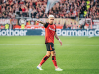 Robert Andrich of Bayer 04 Leverkusen reacts during the Bundesliga match between Bayer 04 Leverkusen and Eintracht Frankfurt at BayArena in...