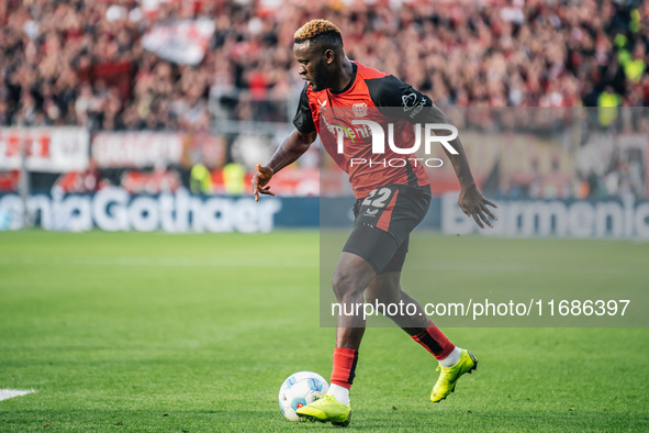 Victor Boniface of Bayer 04 Leverkusen is in action during the Bundesliga match between Bayer 04 Leverkusen and Eintracht Frankfurt at BayAr...