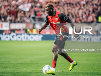 Victor Boniface of Bayer 04 Leverkusen is in action during the Bundesliga match between Bayer 04 Leverkusen and Eintracht Frankfurt at BayAr...