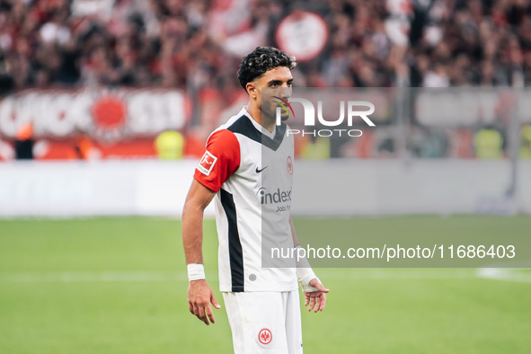 Omar Marmoush of Eintracht Frankfurt reacts during the Bundesliga match between Bayer 04 Leverkusen and Eintracht Frankfurt at BayArena in L...