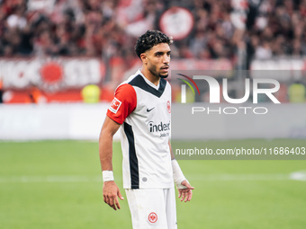 Omar Marmoush of Eintracht Frankfurt reacts during the Bundesliga match between Bayer 04 Leverkusen and Eintracht Frankfurt at BayArena in L...