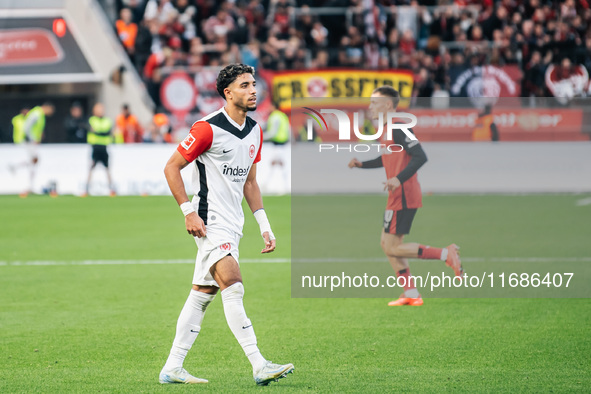 Omar Marmoush of Eintracht Frankfurt reacts during the Bundesliga match between Bayer 04 Leverkusen and Eintracht Frankfurt at BayArena in L...