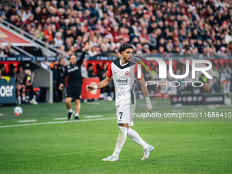 Omar Marmoush of Eintracht Frankfurt reacts during the Bundesliga match between Bayer 04 Leverkusen and Eintracht Frankfurt at BayArena in L...