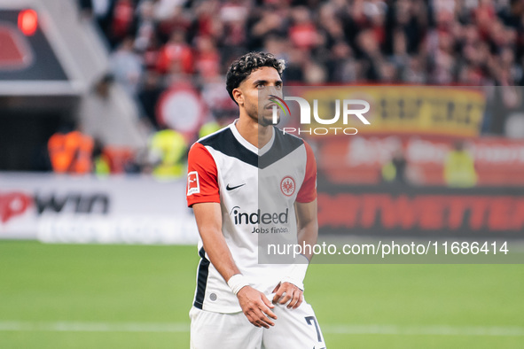 Omar Marmoush of Eintracht Frankfurt reacts during the Bundesliga match between Bayer 04 Leverkusen and Eintracht Frankfurt at BayArena in L...