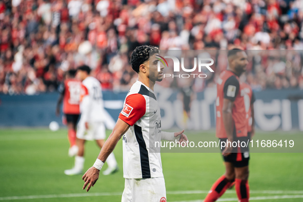 Omar Marmoush of Eintracht Frankfurt reacts during the Bundesliga match between Bayer 04 Leverkusen and Eintracht Frankfurt at BayArena in L...