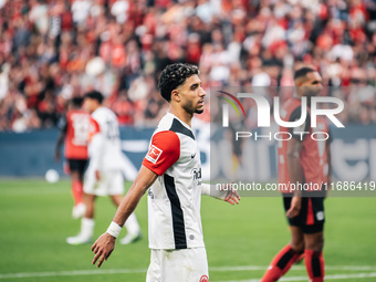 Omar Marmoush of Eintracht Frankfurt reacts during the Bundesliga match between Bayer 04 Leverkusen and Eintracht Frankfurt at BayArena in L...