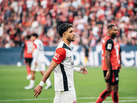 Omar Marmoush of Eintracht Frankfurt reacts during the Bundesliga match between Bayer 04 Leverkusen and Eintracht Frankfurt at BayArena in L...