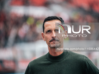 Dino Toppmoeller, Head Coach of Eintracht Frankfurt, looks on prior to the Bundesliga match between Bayer 04 Leverkusen and Eintracht Frankf...