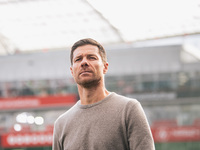 Xabi Alonso, Head Coach of Bayer 04 Leverkusen, looks on before the Bundesliga match between Bayer 04 Leverkusen and Eintracht Frankfurt at...