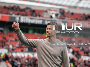 Xabi Alonso, Head Coach of Bayer 04 Leverkusen, looks on before the Bundesliga match between Bayer 04 Leverkusen and Eintracht Frankfurt at...