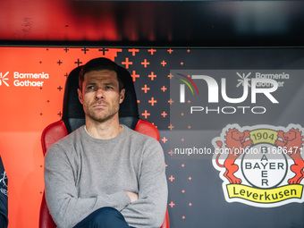 Xabi Alonso, Head Coach of Bayer 04 Leverkusen, looks on before the Bundesliga match between Bayer 04 Leverkusen and Eintracht Frankfurt at...