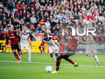 Victor Boniface of Bayer 04 Leverkusen takes a penalty during the Bundesliga match between Bayer 04 Leverkusen and Eintracht Frankfurt at Ba...