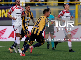 Andrea Adorante of SS Juve Stabia celebrates after scoring during the Serie B match between SS Juve Stabia and Cremonese at Stadio Romeo Men...