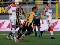 Andrea Adorante of SS Juve Stabia celebrates after scoring during the Serie B match between SS Juve Stabia and Cremonese at Stadio Romeo Men...