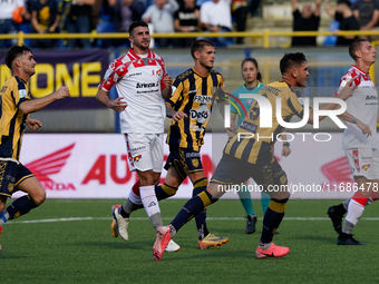 Andrea Adorante of SS Juve Stabia celebrates after scoring during the Serie B match between SS Juve Stabia and Cremonese at Stadio Romeo Men...