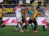 Andrea Adorante of SS Juve Stabia celebrates after scoring during the Serie B match between SS Juve Stabia and Cremonese at Stadio Romeo Men...