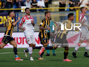 Andrea Adorante of SS Juve Stabia celebrates after scoring during the Serie B match between SS Juve Stabia and Cremonese at Stadio Romeo Men...