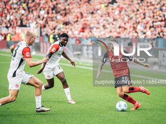 Alejandro Grimaldo of Bayer 04 Leverkusen is in action during the Bundesliga match between Bayer 04 Leverkusen and Eintracht Frankfurt at Ba...