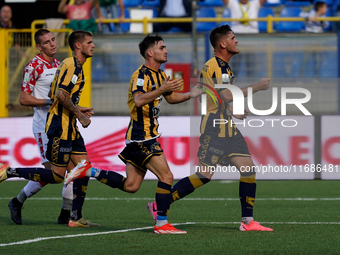 Andrea Adorante of SS Juve Stabia celebrates after scoring during the Serie B match between SS Juve Stabia and Cremonese at Stadio Romeo Men...