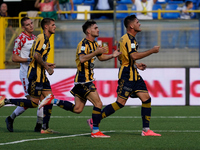 Andrea Adorante of SS Juve Stabia celebrates after scoring during the Serie B match between SS Juve Stabia and Cremonese at Stadio Romeo Men...