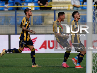 Andrea Adorante of SS Juve Stabia celebrates after scoring during the Serie B match between SS Juve Stabia and Cremonese at Stadio Romeo Men...