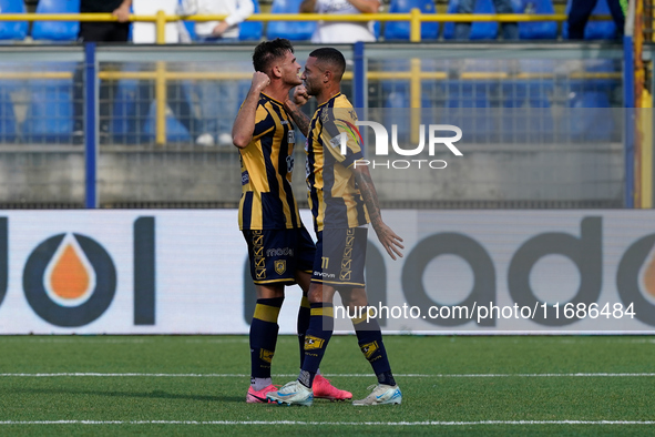 Andrea Adorante of SS Juve Stabia celebrates after scoring during the Serie B match between SS Juve Stabia and Cremonese at Stadio Romeo Men...