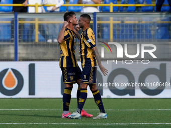 Andrea Adorante of SS Juve Stabia celebrates after scoring during the Serie B match between SS Juve Stabia and Cremonese at Stadio Romeo Men...