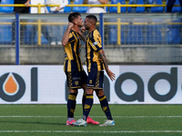 Andrea Adorante of SS Juve Stabia celebrates after scoring during the Serie B match between SS Juve Stabia and Cremonese at Stadio Romeo Men...