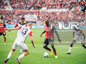 Victor Boniface of Bayer 04 Leverkusen is in action during the Bundesliga match between Bayer 04 Leverkusen and Eintracht Frankfurt at BayAr...