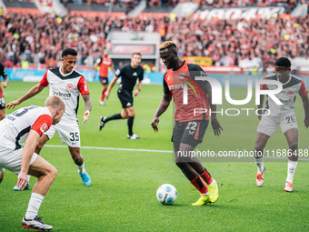 Victor Boniface of Bayer 04 Leverkusen is in action during the Bundesliga match between Bayer 04 Leverkusen and Eintracht Frankfurt at BayAr...