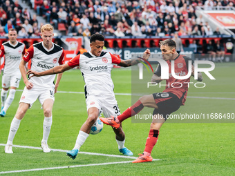 Alejandro Grimaldo of Bayer 04 Leverkusen is in action during the Bundesliga match between Bayer 04 Leverkusen and Eintracht Frankfurt at Ba...